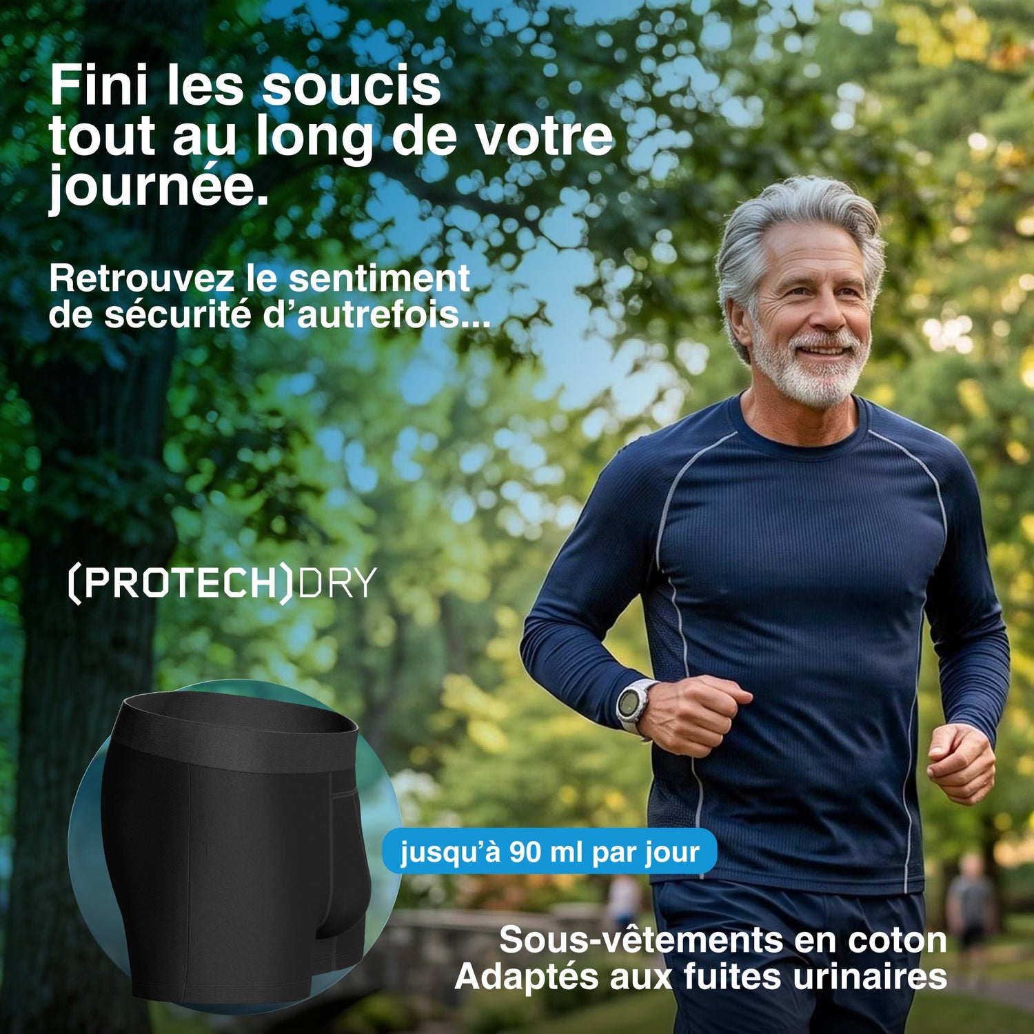 Homme aux cheveux argentés courant en plein air, serein — sous-vêtements absorbants NAHHOU pour fuites urinaires légères