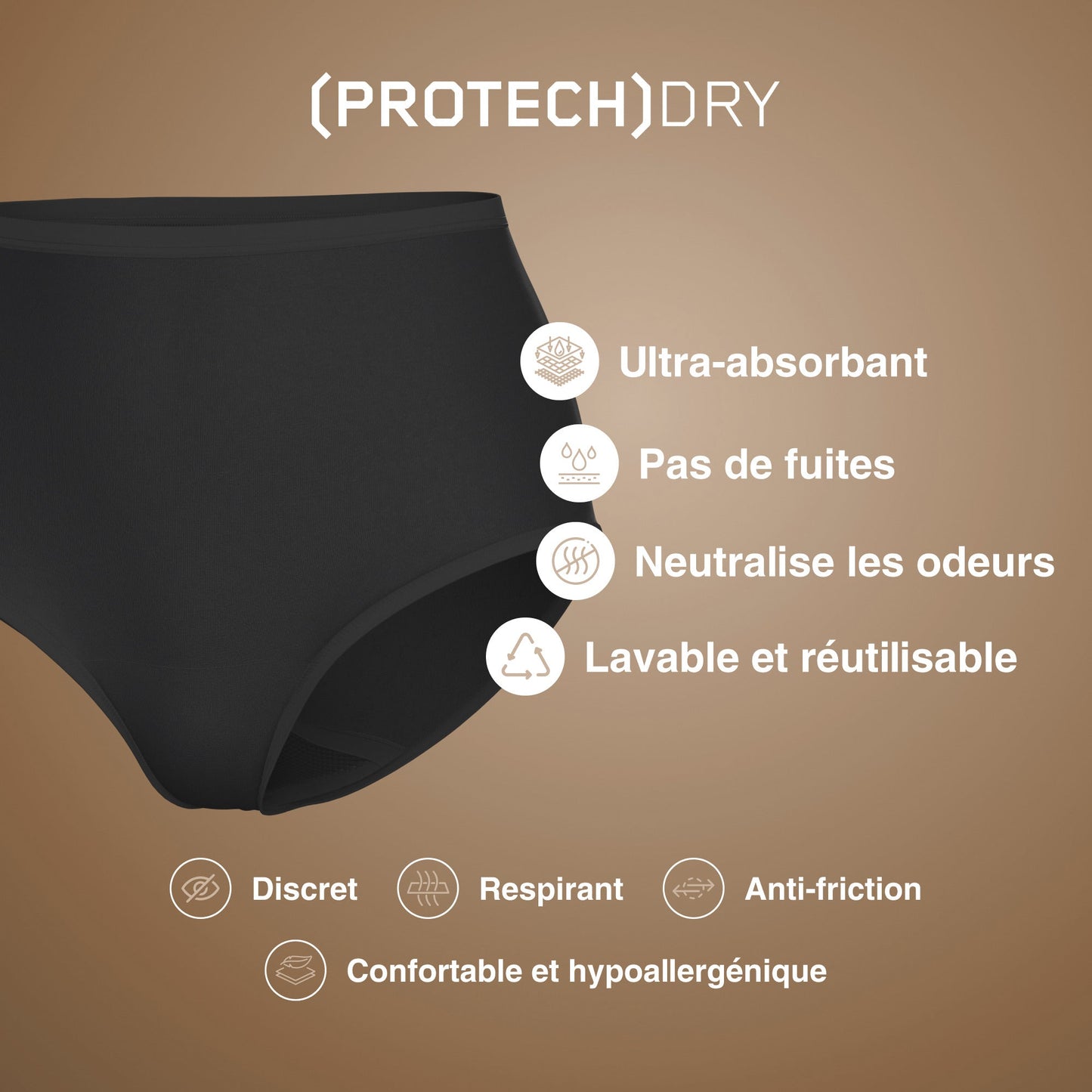 Culotte absorbante taille haute noire NAHHOU lavable, pas de fuites, anti-odeur, ultra-absorbante