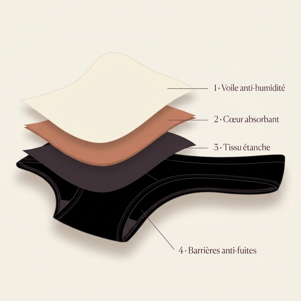 Éclaté des quatre couches de la culotte absorbante NAHHOU : voile anti-humidité, cœur absorbant, tissu étanche, barrières anti-fuites illustration technique