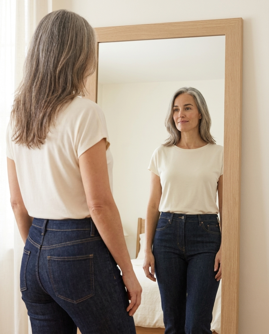 Image générée par IA — Léa en jean face au miroir, la culotte taille haute portée en dessous
