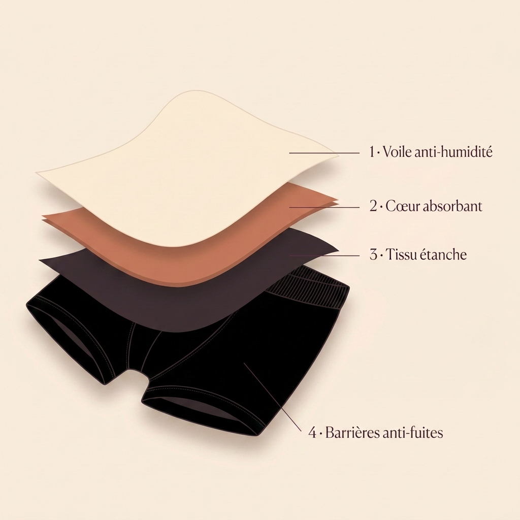Illustration — les quatre couches du boxer absorbant : voile anti-humidité, cœur absorbant, tissu étanche, barrières anti-fuites