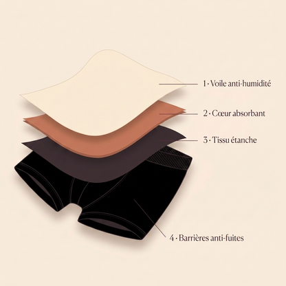 Illustration — les quatre couches du boxer absorbant : voile anti-humidité, cœur absorbant, tissu étanche, barrières anti-fuites