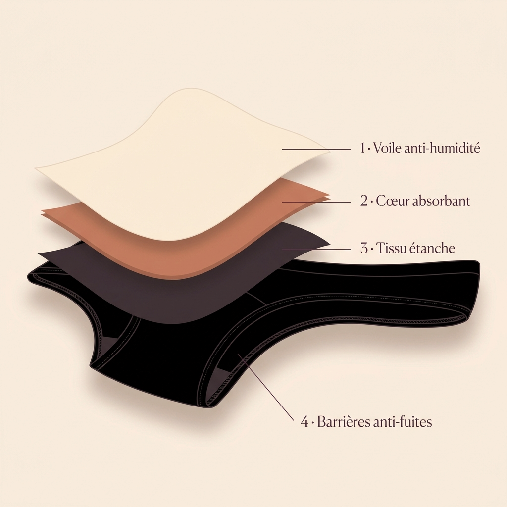 Illustration — les quatre couches de la culotte absorbante : voile anti-humidité, cœur absorbant, tissu étanche, barrières anti-fuites