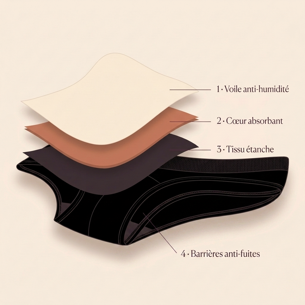 Illustration — les quatre couches du slip absorbant : voile anti-humidité, cœur absorbant, tissu étanche, barrières anti-fuites