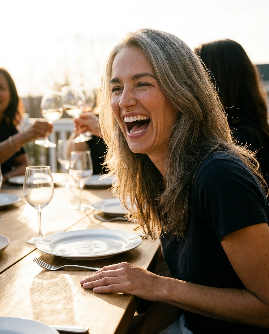 Image générée par IA — Léa rit aux éclats à table, sans y penser