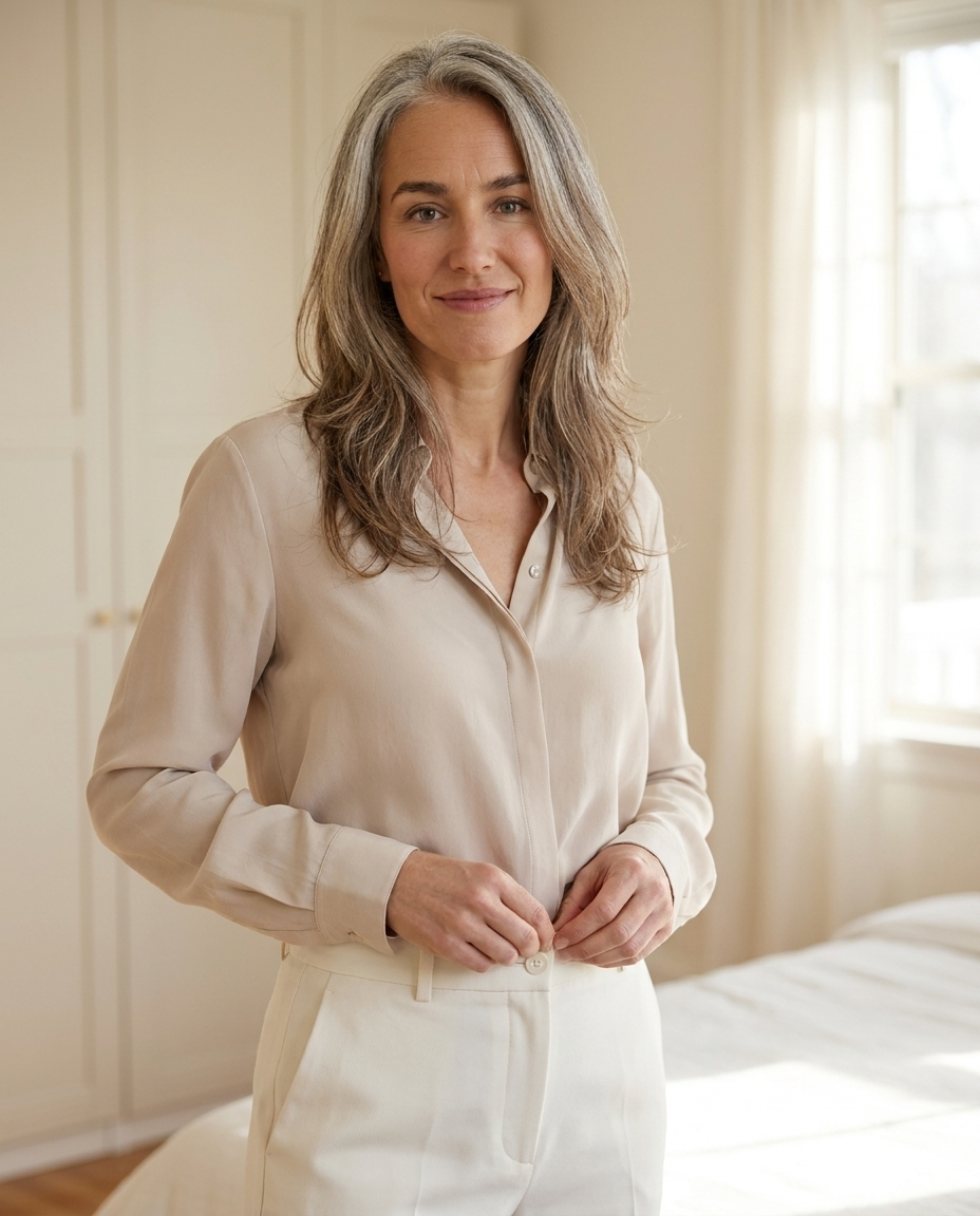 Image générée par IA — Léa boutonne un pantalon blanc, sereinement