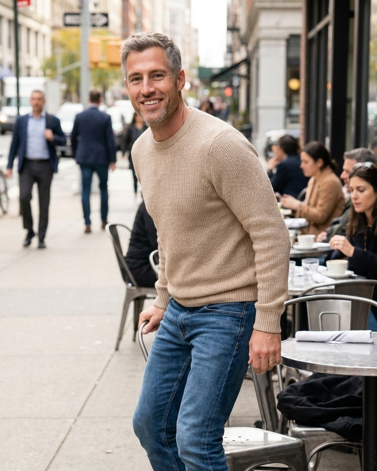 Image générée par IA — André, ambassadeur NAHHOU, en terrasse de café en ville