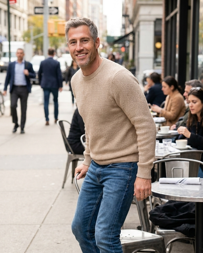 Image générée par IA — André, ambassadeur NAHHOU, en terrasse de café en ville