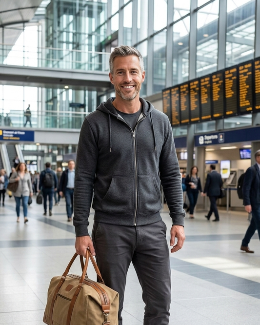 Image générée par IA — André, ambassadeur NAHHOU, en gare, sac de week-end à la main