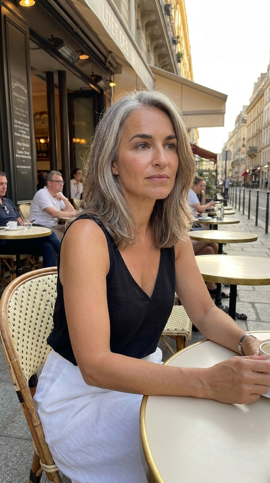Image générée par IA — Léa, ambassadrice NAHHOU, en terrasse de café en ville